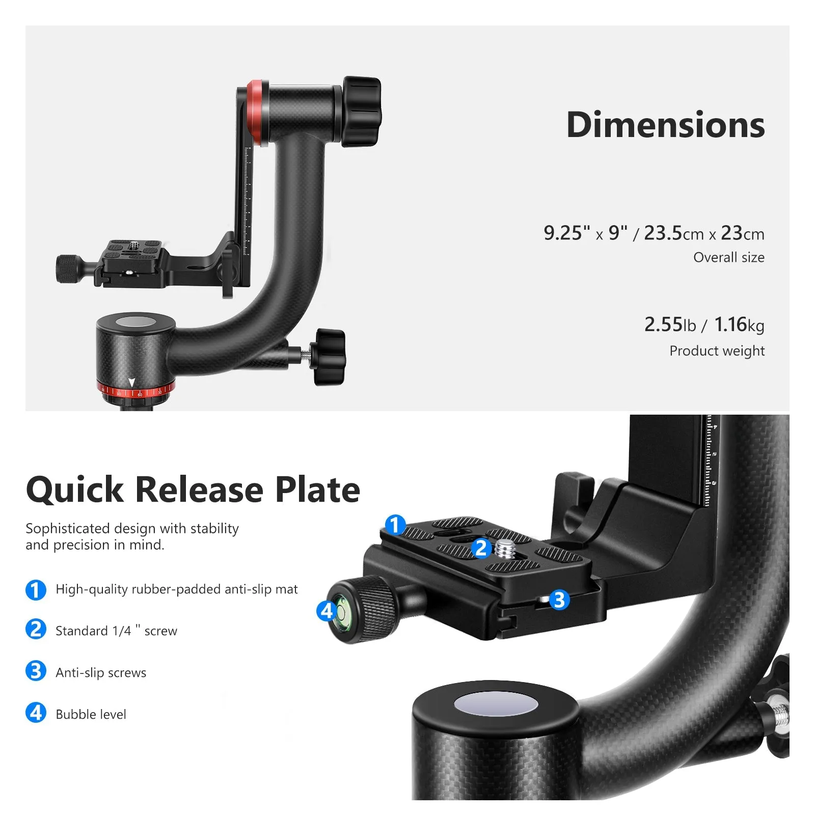 NEEWER GM100 Lightweight Carbon Fiber Gimbal Tripod Head for Smooth Video and Precision Photography