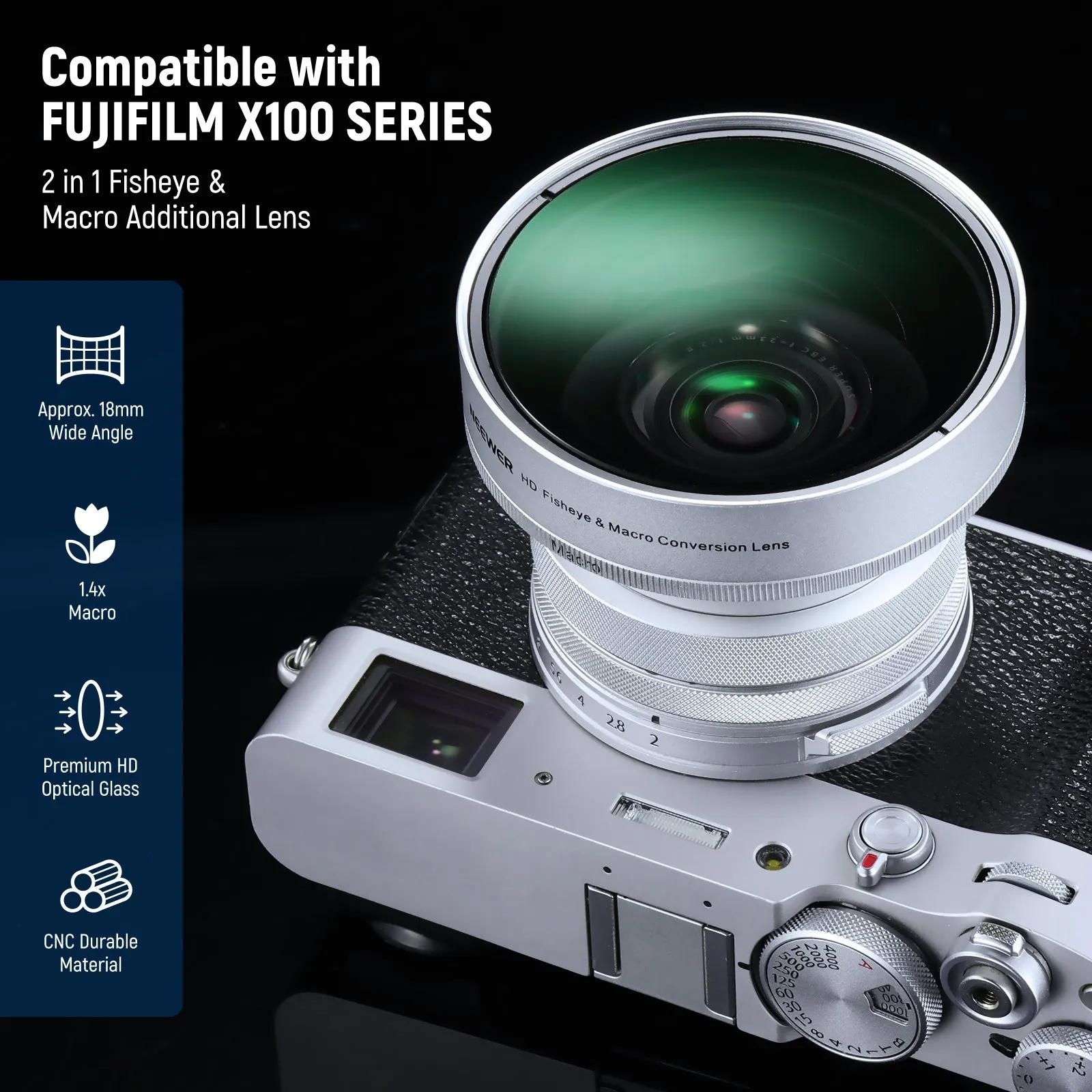 NEEWER LS-46 49mm 0.43x Fisheye & 1.4x Macro Additional Lens for Fujifilm X100 Series Cameras