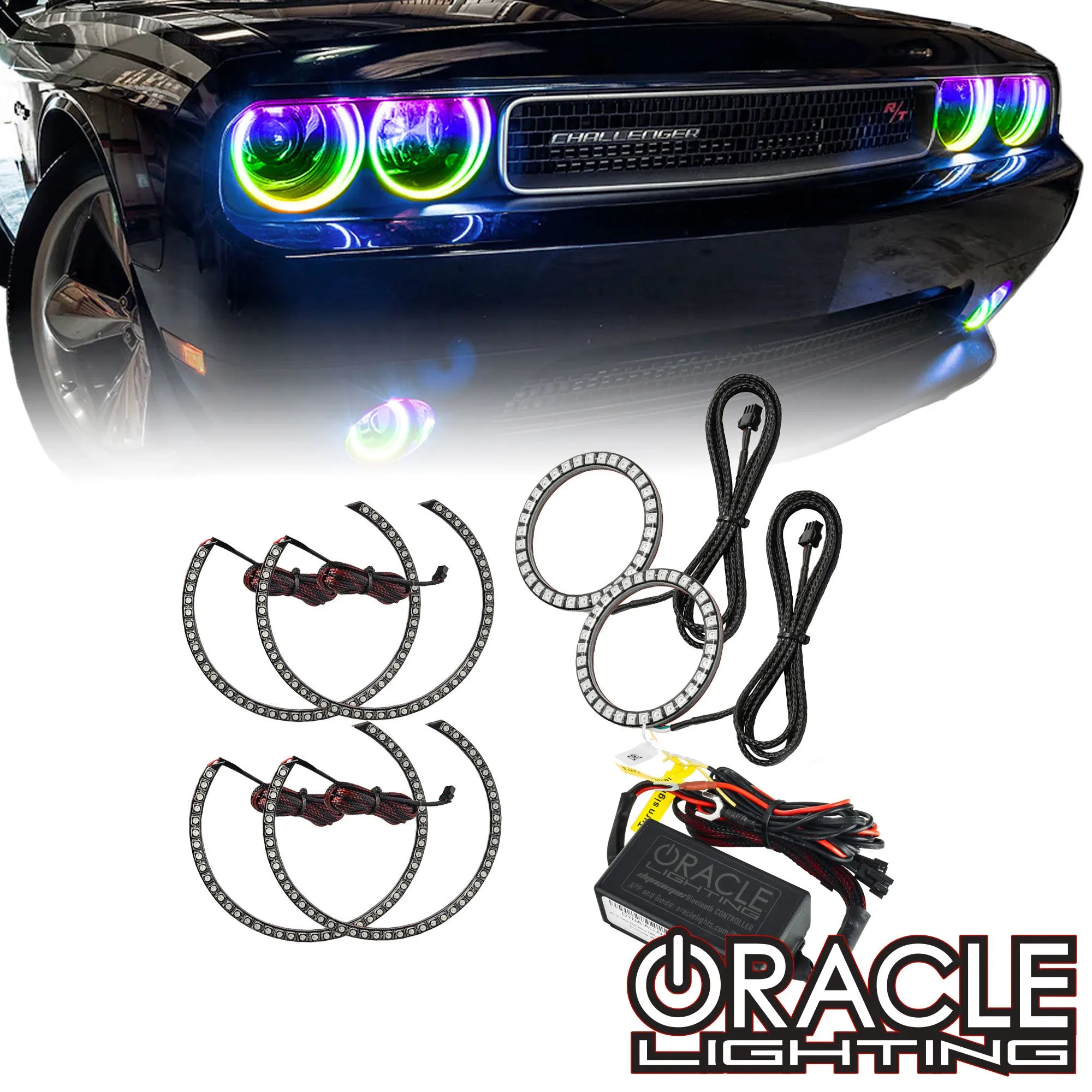 ORACLE Lighting 2008-2014 Dodge Challenger Dynamic ColorSHIFT Surface Mount Headlight & Fog Light Halo Kit - COMBO