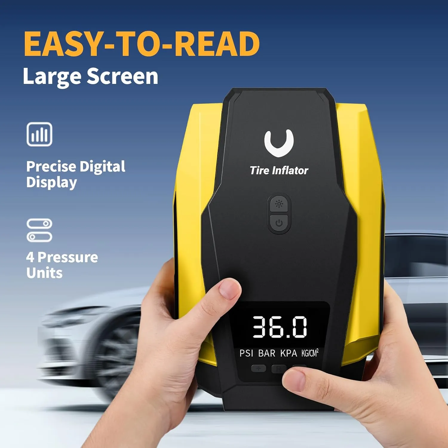 Portable Tire Inflator 12V DC, Compact Air Compressor with Auto Shutoff, LED Light, for Car Tires