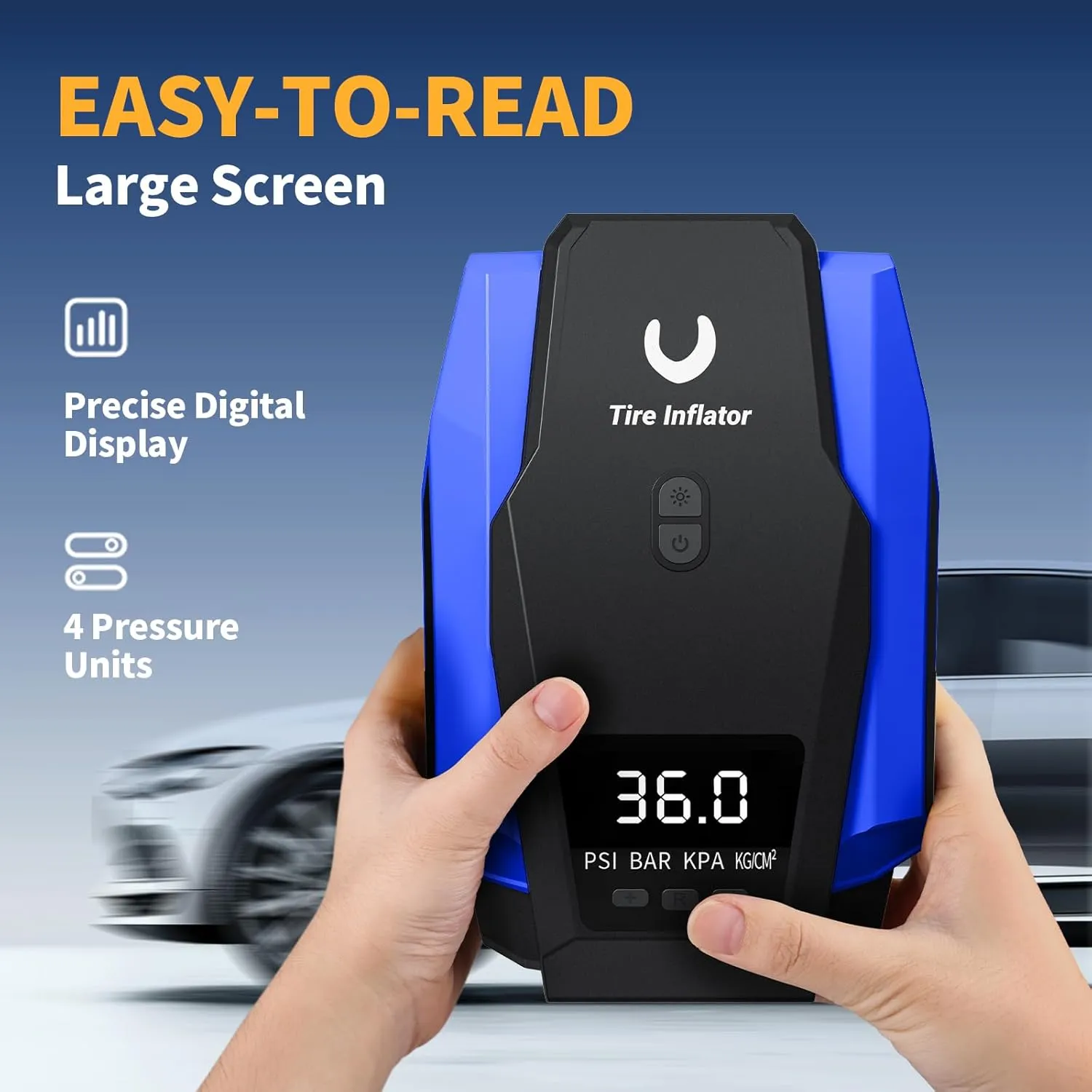 Portable Tire Inflator 12V DC, Compact Air Compressor with Auto Shutoff, LED Light, for Car Tires