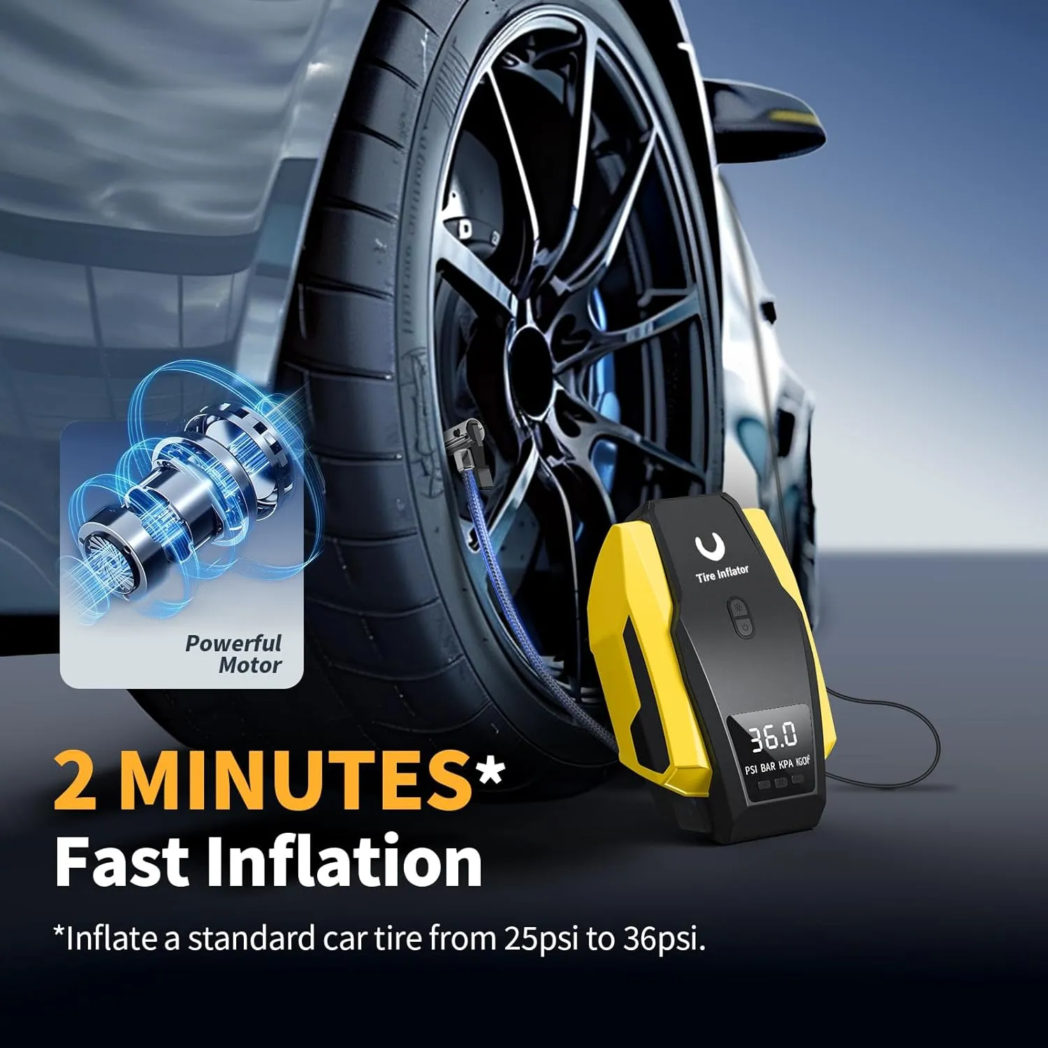 Portable Tire Inflator 12V DC, Compact Air Compressor with Auto Shutoff, LED Light, for Car Tires