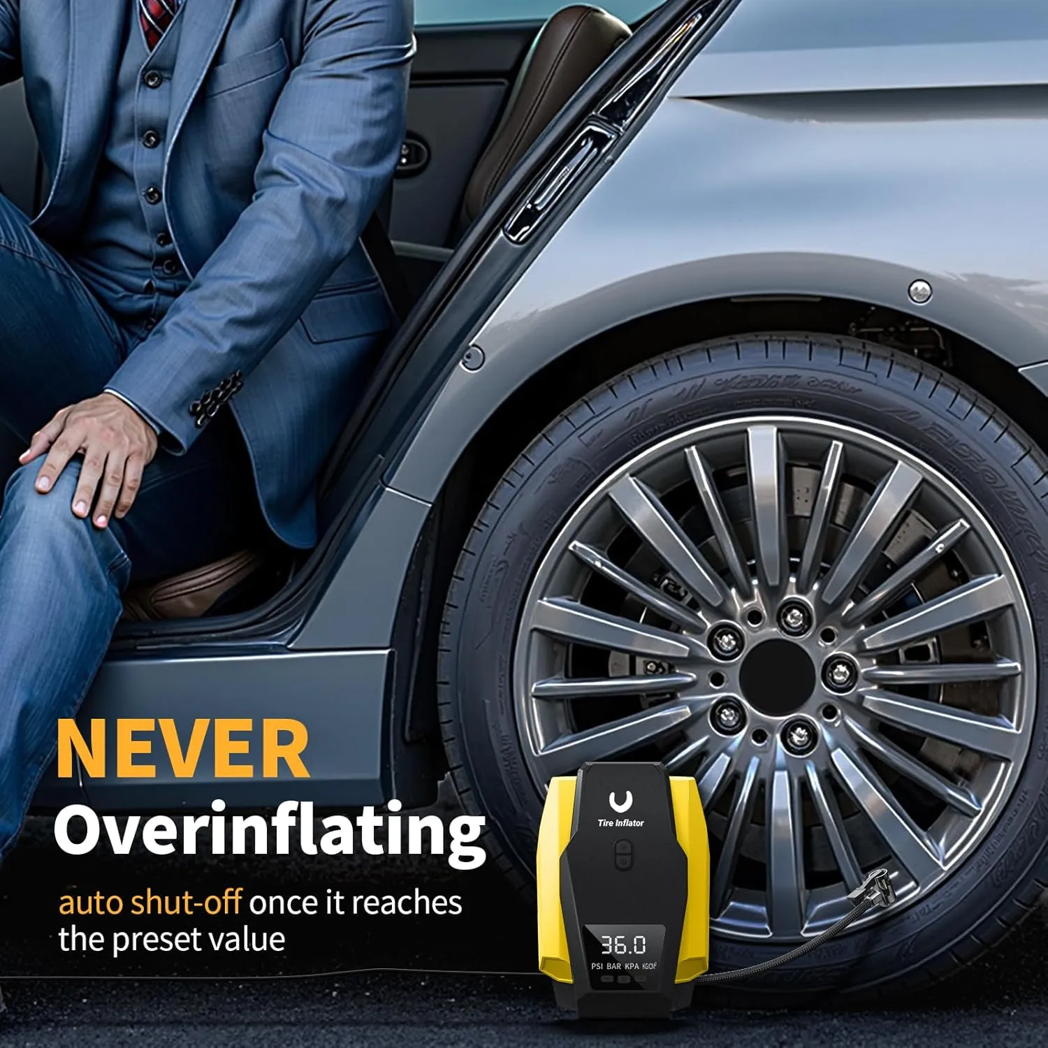 Portable Tire Inflator 12V DC, Compact Air Compressor with Auto Shutoff, LED Light, for Car Tires
