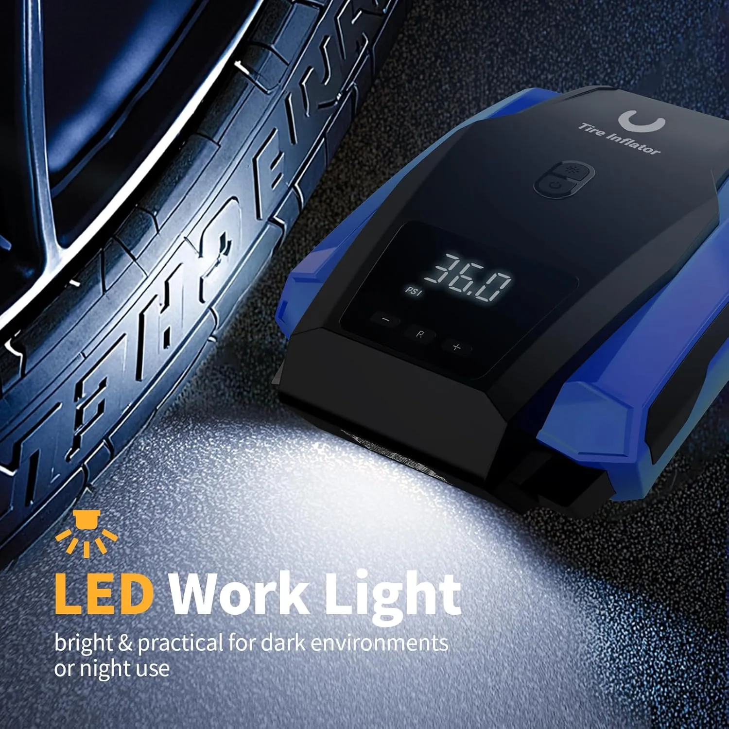 Portable Tire Inflator 12V DC, Compact Air Compressor with Auto Shutoff, LED Light, for Car Tires