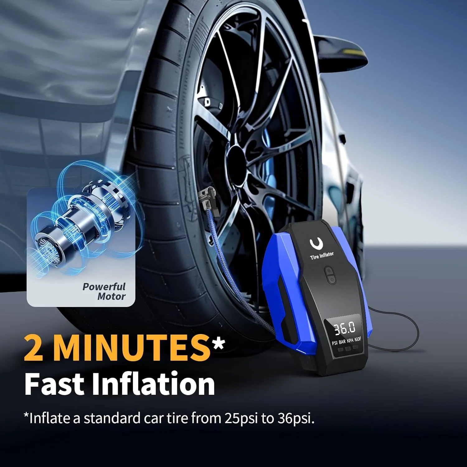 Portable Tire Inflator 12V DC, Compact Air Compressor with Auto Shutoff, LED Light, for Car Tires