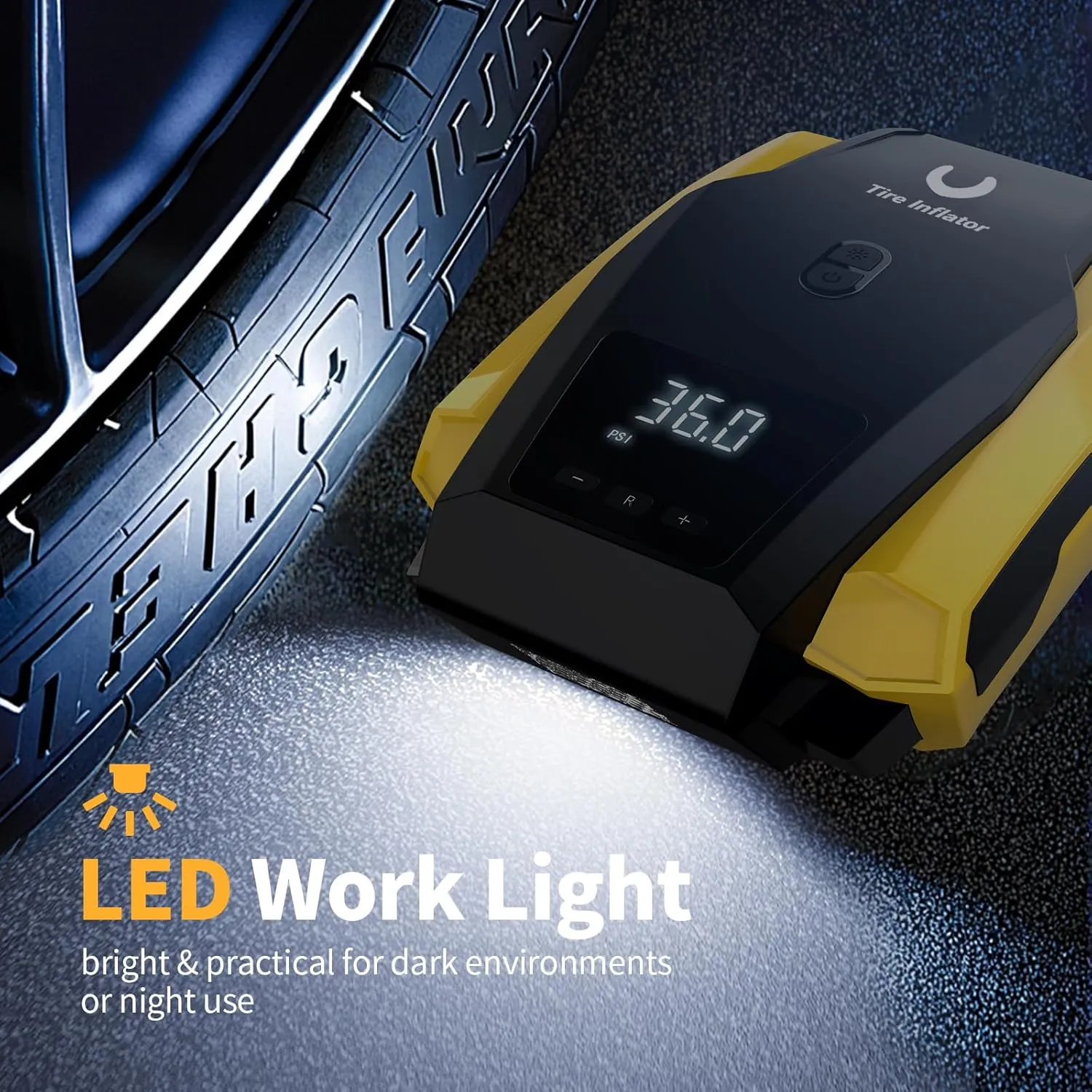 Portable Tire Inflator 12V DC, Compact Air Compressor with Auto Shutoff, LED Light, for Car Tires