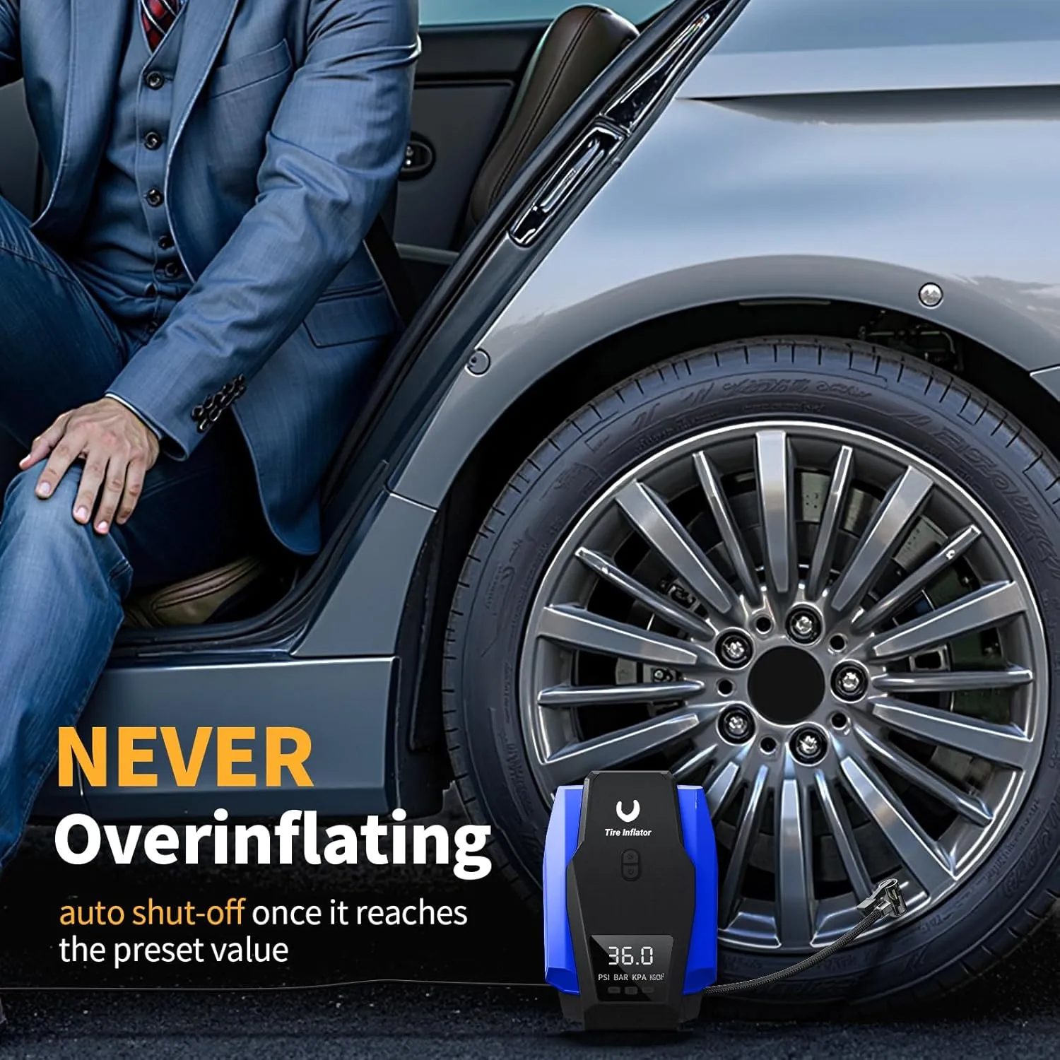 Portable Tire Inflator 12V DC, Compact Air Compressor with Auto Shutoff, LED Light, for Car Tires