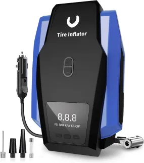 Portable Tire Inflator 12V DC, Compact Air Compressor with Auto Shutoff, LED Light, for Car Tires