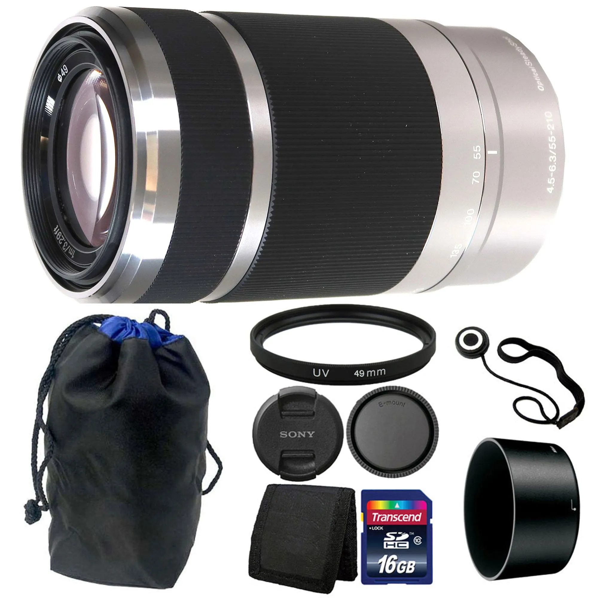 Sony E 55-210mm F4.5-6.3 Lens (Silver)   Lens Pouch   16GB Memory Card   Wallet   Cap Holder