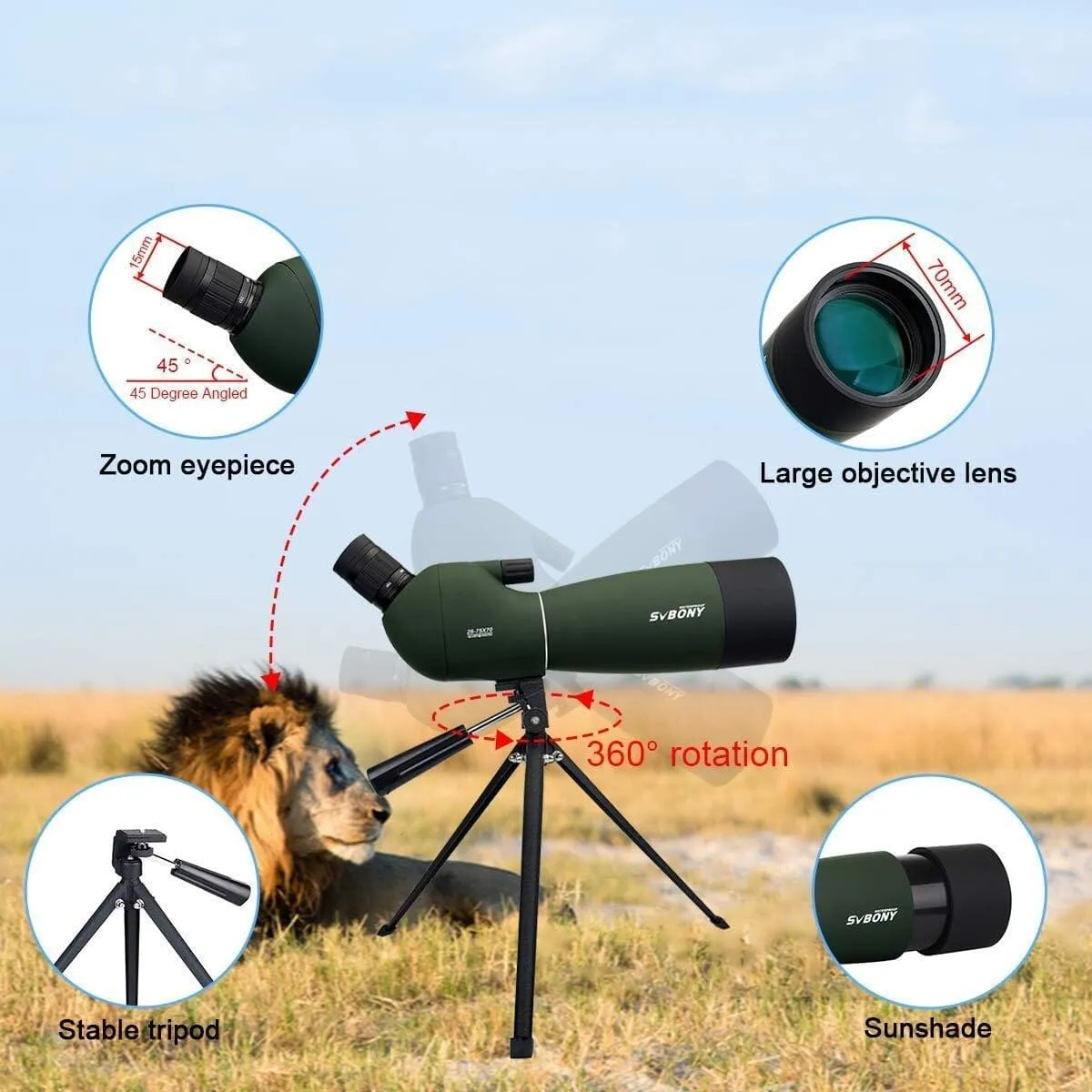 SVBONY SV28 25-75x70 Spotting Scopes with Tripod (Refurbished)