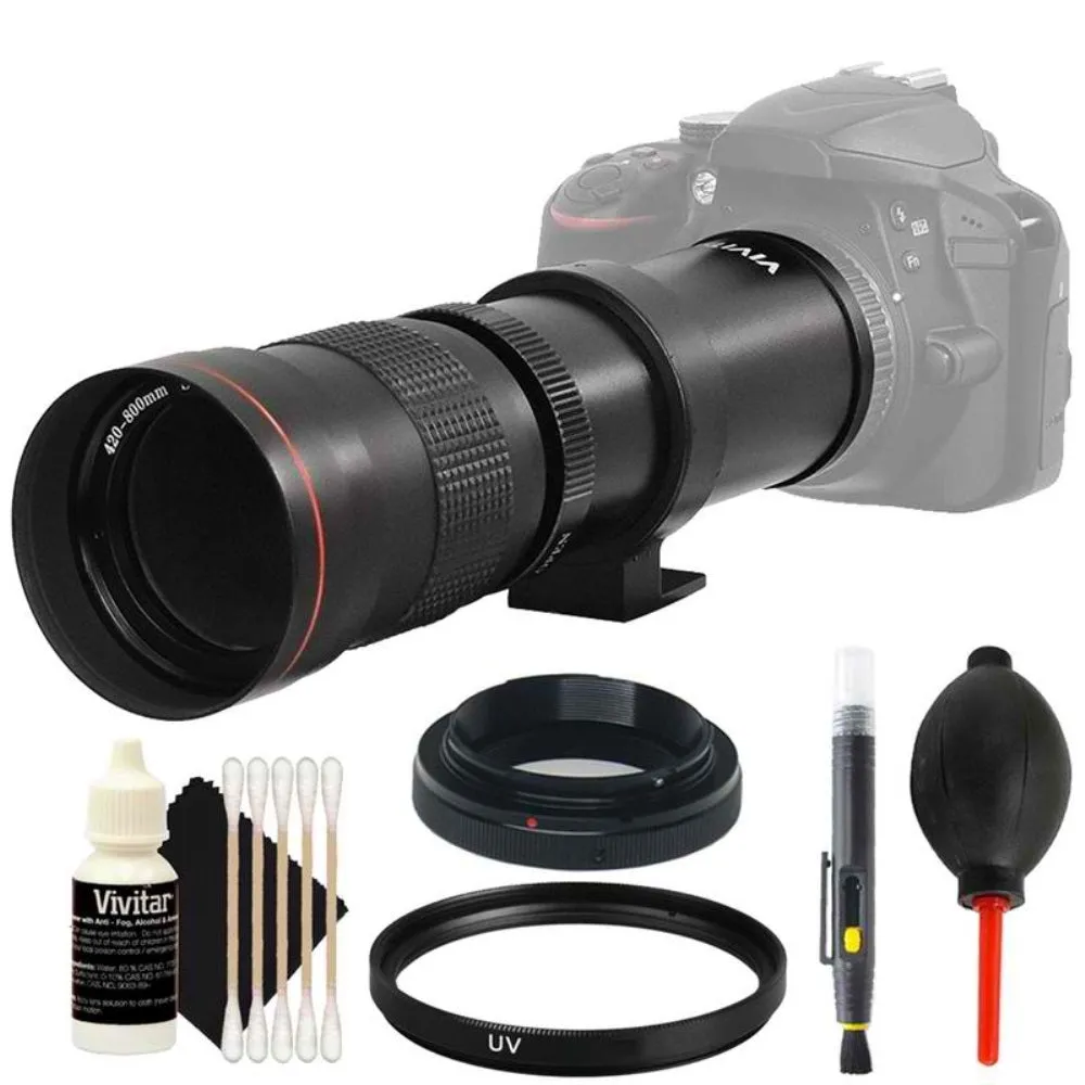 Vivitar 420-800mm f/8.3 Telephoto Zoom Lens (T Mount) with Filter   Kit for Nikon DSLR Cameras